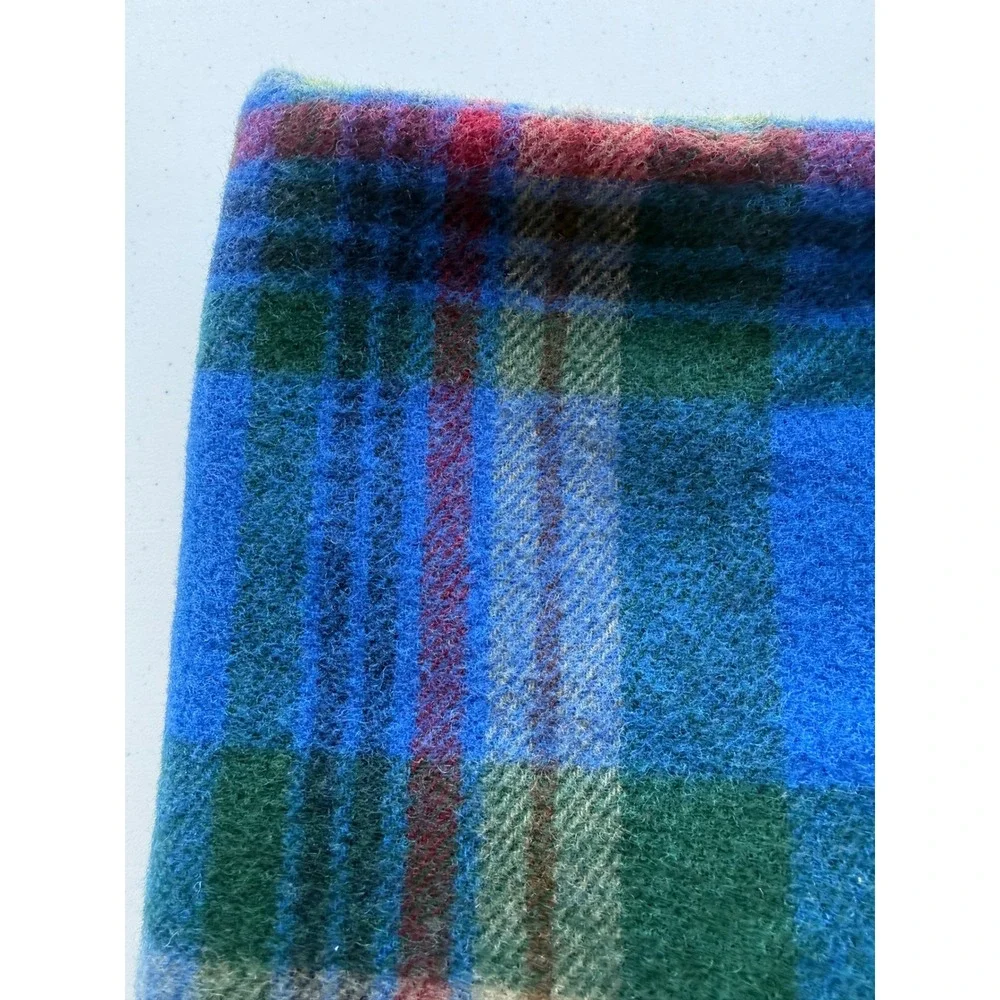Vtg Pendleton Virgin Wool Throw Blanket Fringe Blue Green Tartan Plaid 54x68